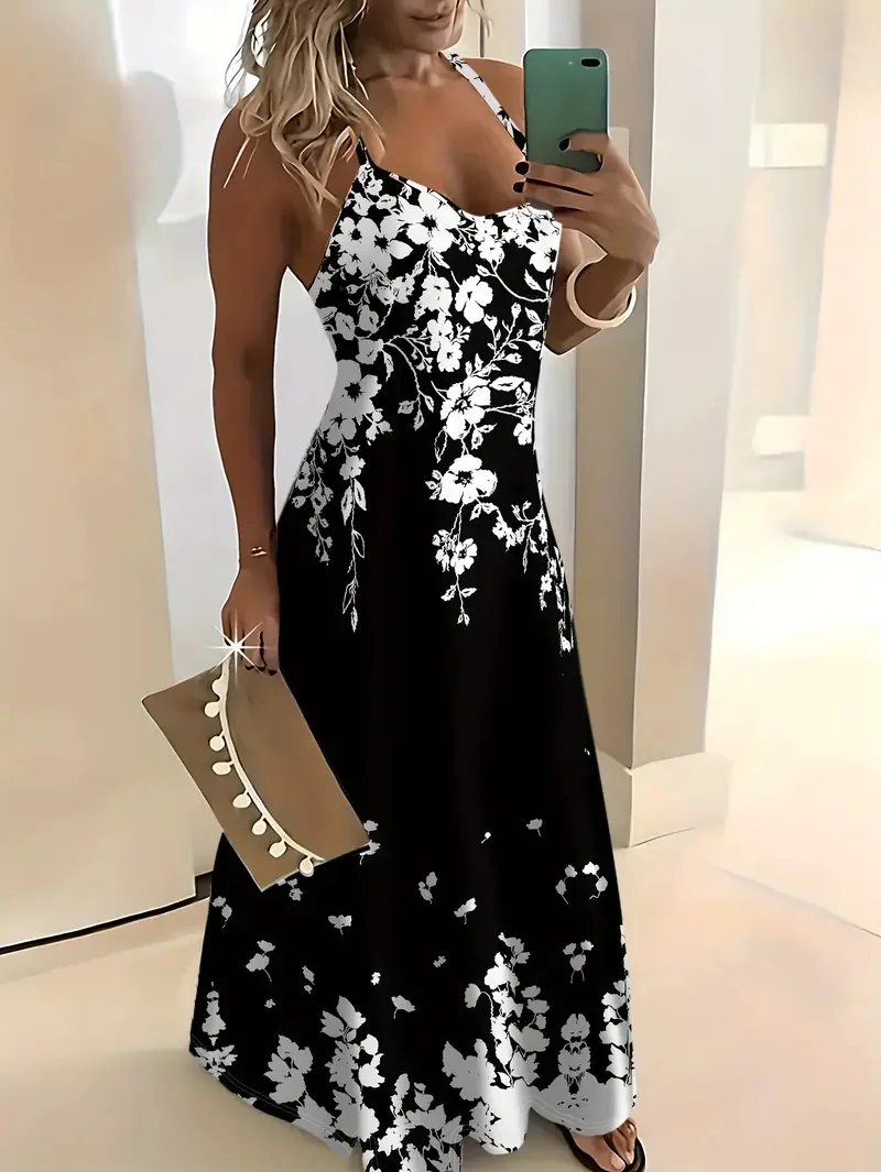 thumbnail image 1 of Falda de tirantes estilo bohemio de verano para mujer, vestido informal holgado de corte A largo, elegante y nuevo para playa., 1 of 4
