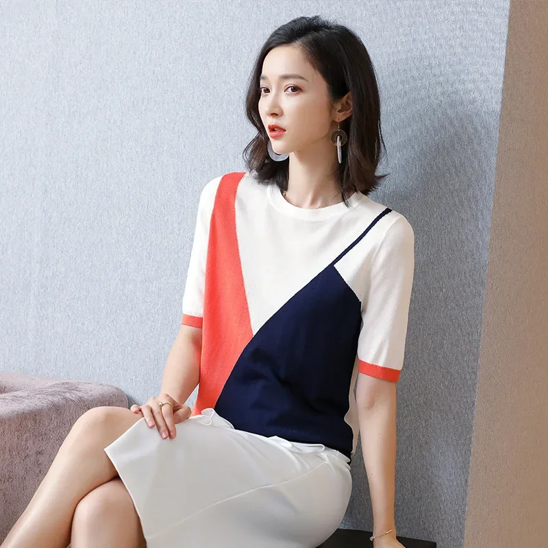 

2022 summer new knitwear ice silk short sleeve T-shirt women's thin loose GRAY22