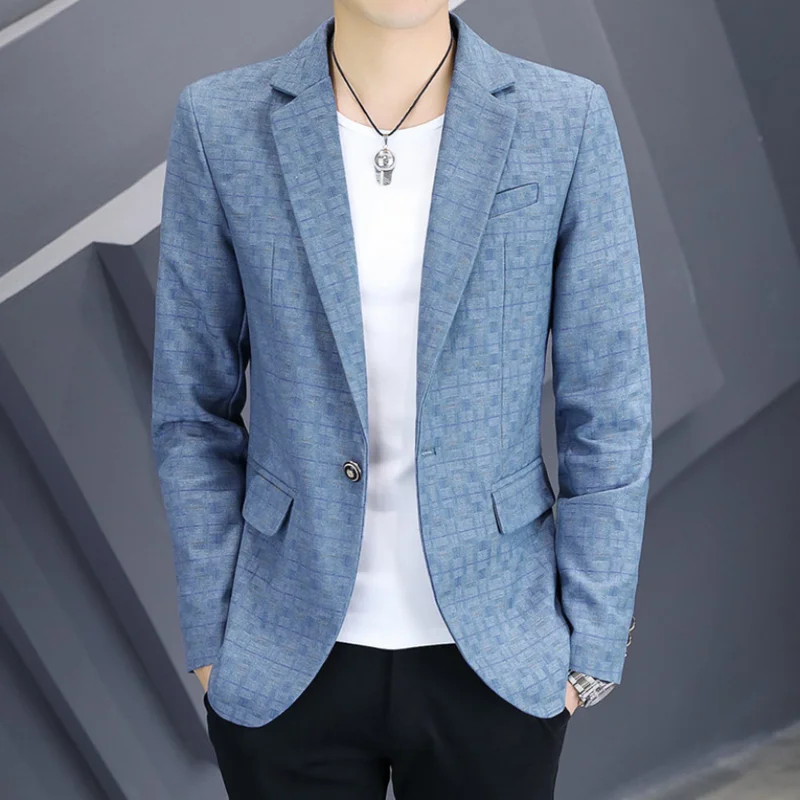 Men's Slim Fit Plaid Suit Single Breasted Formal Coat Fashion Spring Autumn New Handsome Young Small Size