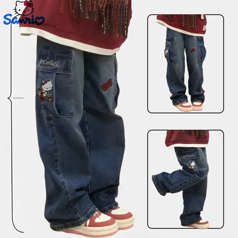 

Sanrio Hello Kitty Y2K Women's Jeans Fashion Trend Denim Wear Street Cute Wide Leg Pants Vintage Pants Cartoon Pants Girl Gift