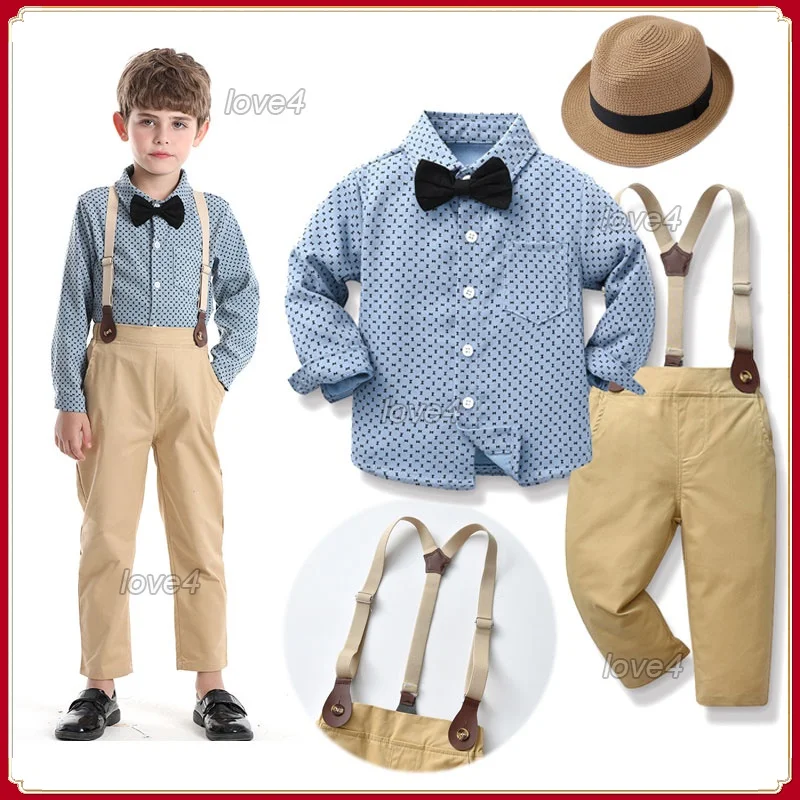 

Kids Clothes for Boy Formal Party Gentleman Suits Wedding Ring Bearer Outfit 1-12Y Shirt Tops Straps Jogger Pants for Kid
