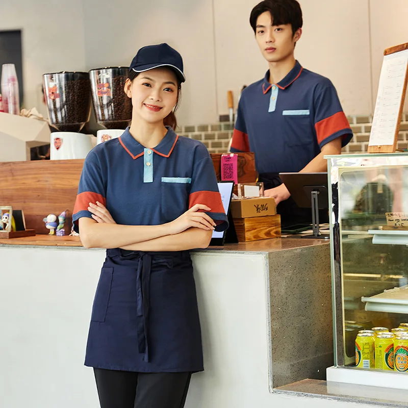 

Restaurant Ding Room Waiter Workwear Short Sleeve Hotel Catering Hot Pot Restaurant Milk Tea Fast Food Restaurant Lapel T-shirt