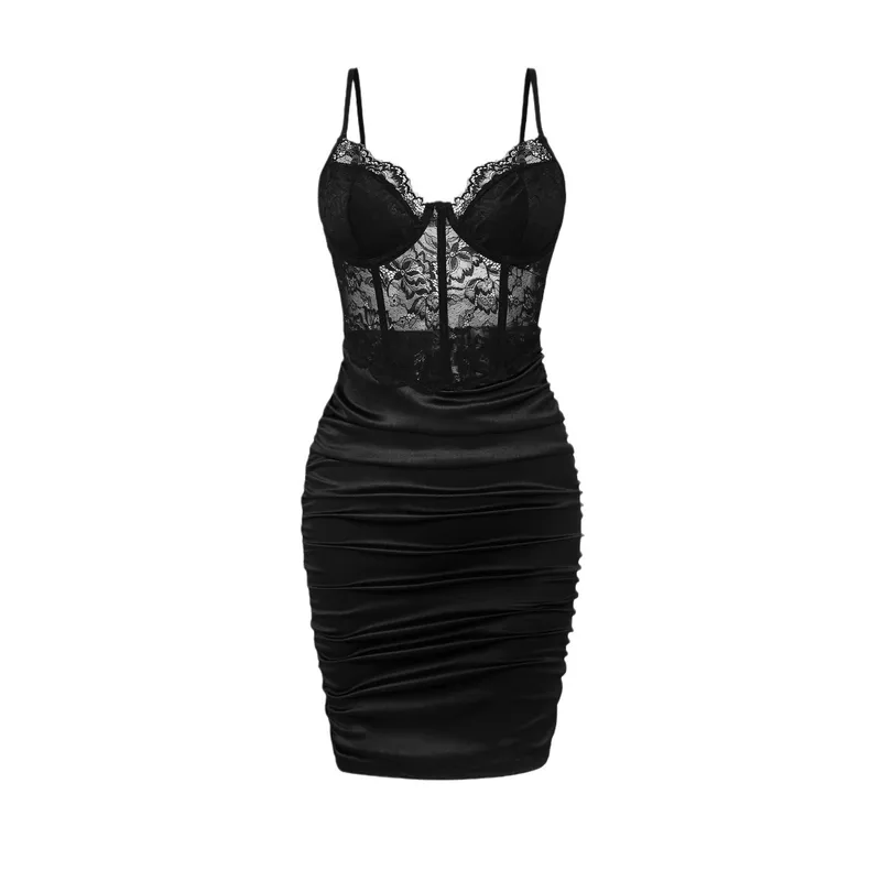 Elegant Sleeveless Dress for Woman Sexy Lace Pleated