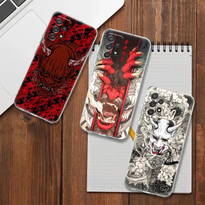 Japan Oni Samurai Clear Case Per Samsung Galaxy A53 A52 A23 A13 A12 A32 A33 A73 A41 Custodie Cover Morbida Per Telefono Yokai Mask Dragon Art