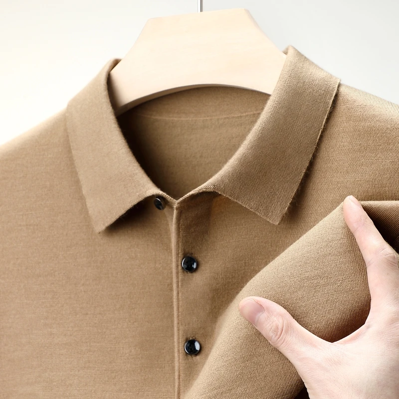 Real Worsted Wool Polos Mens Spring Merino Wool Knit Tops Long Sleeve Pure Sheep Sweater Shirts