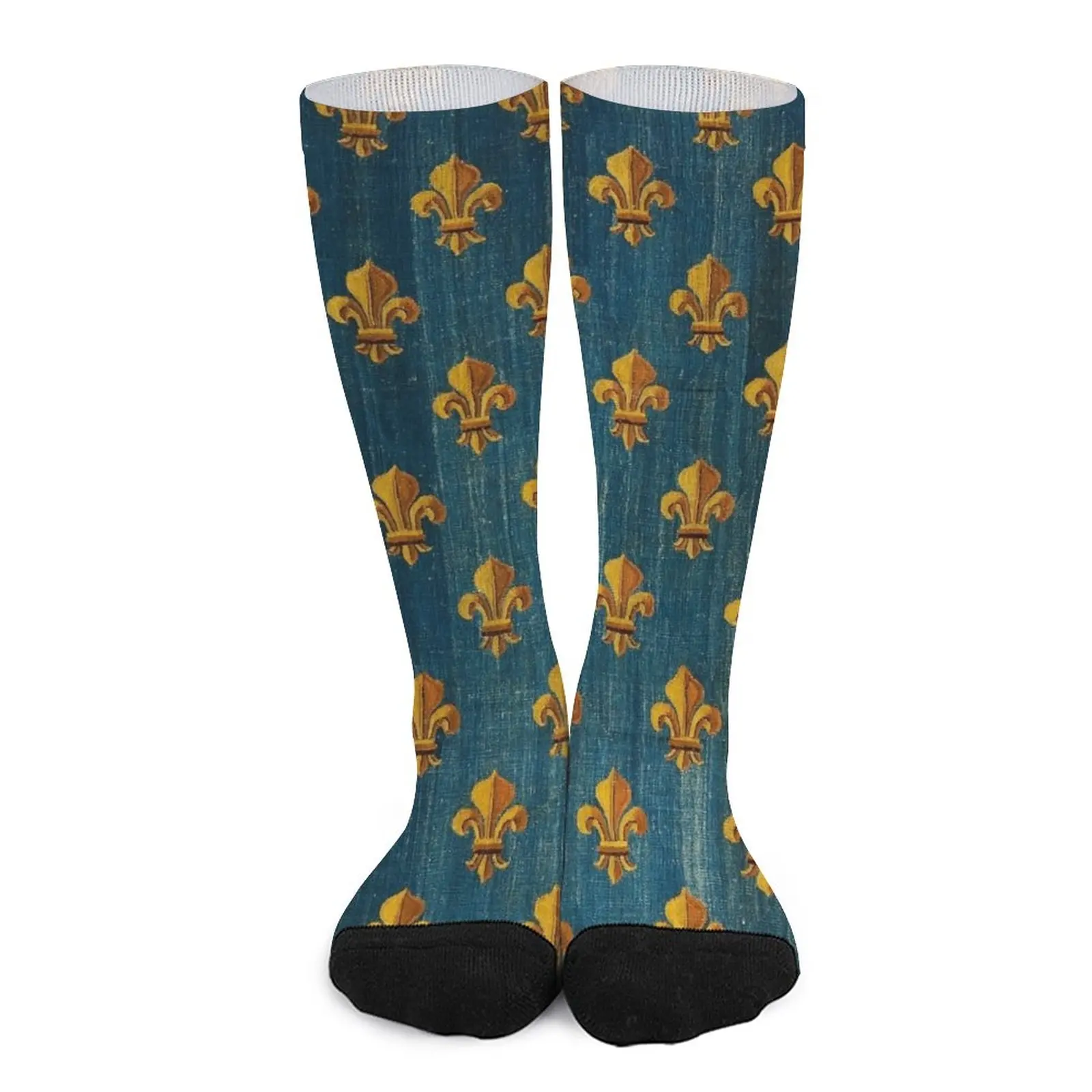 GOLD FLEURS DE LYS IN BLUE Antique French Tapestry Socks socks ladies MEN FASHION ladies print cow cowhide palace antique belt female genuine leather retro style decorative accessories for women fco099