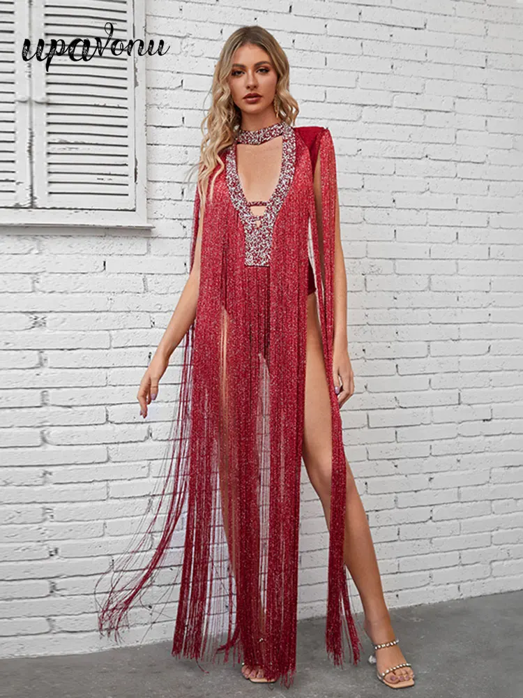 

Sexy Tassel Patchwork Bandage Jumpsuit Dress Women Without Pants Tube O-Neck Sleeveless Hollowed Out Rhinestone Design Jumpsuit