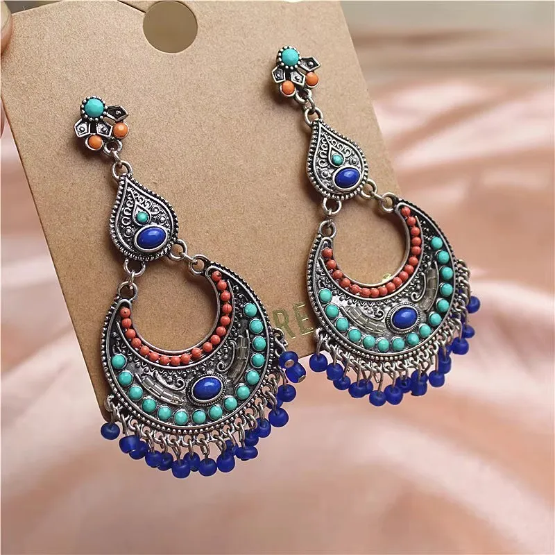 

New retro silver long style exaggerated trend personality colorful beaded Bohemian earrings for women