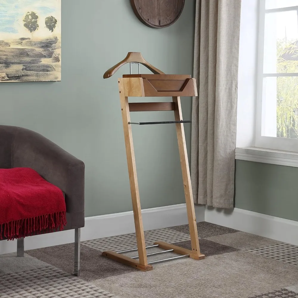 newport suite valet stand vl37034 with top tray, contour hanger, trouser bar, and shoe rack, 18" w x 16" d x 46" h, light walnu