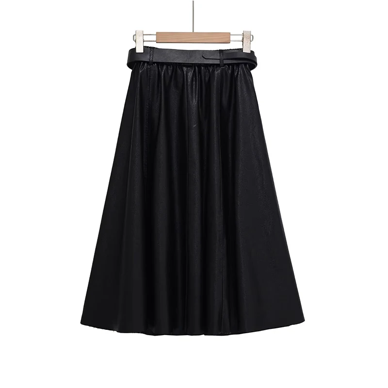 Chic Faux Leather Pleated Long Skirts For Women Fashion 2025 New With Belt Vintage Midi Skirt Street Casual Holiday Skirts ﻿