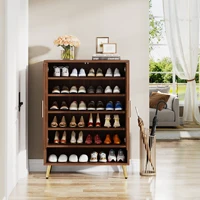 Tribesigns 6-Tier Shoe Cabinet with Doors, Walnut Wooden Shoe Storage Cabinet with Adjustable Shelves for Entryway 4