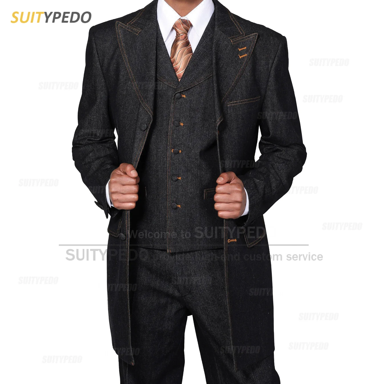 Classic Blue Long Denim Men Suit Set Evening Party Casual Costumes Formal Prom Fashion Blazer Vest Pants 3 Pieces Custom Outfits 3