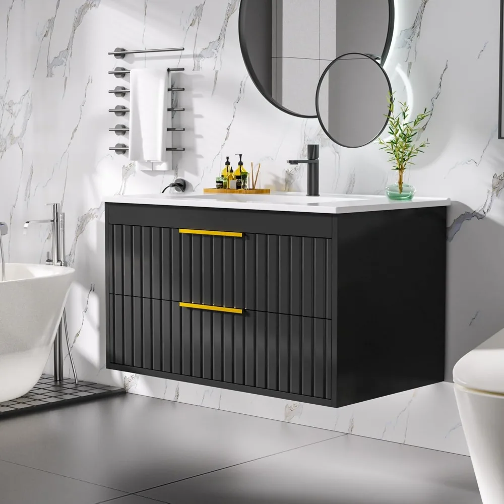 30" Bathroom Vanity with Sink, Floating Vanity Sink Cabinet Wall Mount,Soft-Close Function 2 Large Drawers,Grooved Stripe Design 3