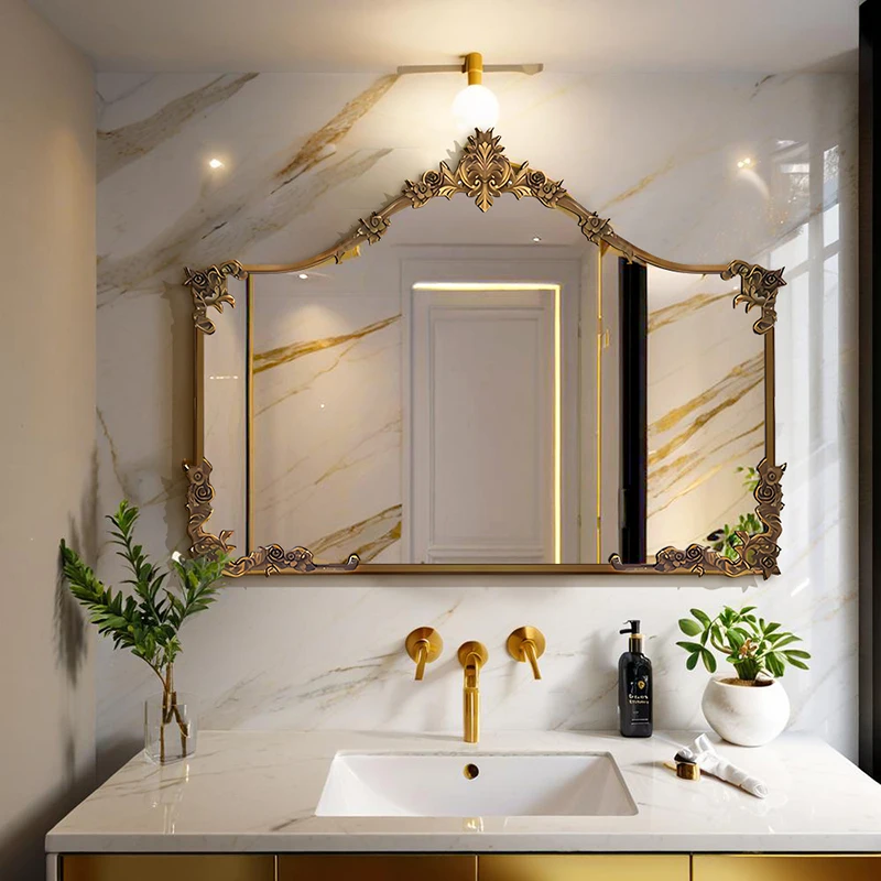 กระจกแต่งหน้าติดผนังแบบฝรั่งเศส ลายแกะสลัก กระจกแต่งหน้าอัจฉริยะสไตล์เรโทร เหมาะสำหรับตกแต่งระเบียงบ้านหรือหน้าเตาผิง 1