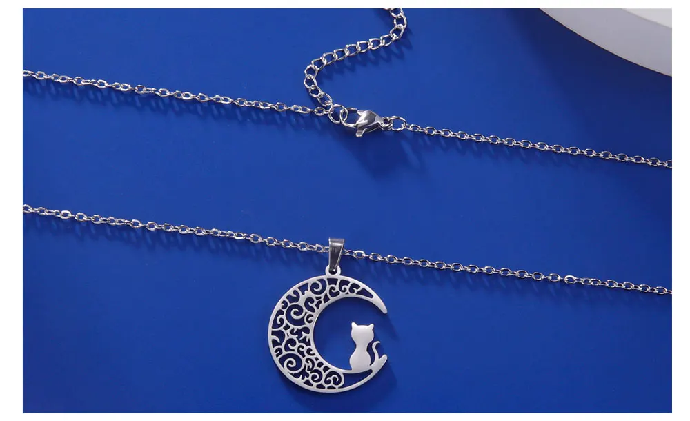 Cazador Halbmond-Katze-Anhänger-Halsketten für Frauen, Tier-Kätzchen, filigrane Halskette, 2026, Edelstahl, Schmuck, Geschenk-Trend – Detail 8