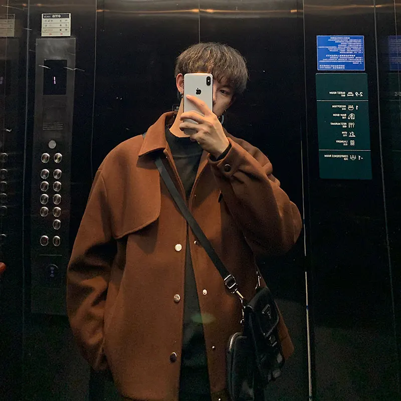 

2023 Winter Men's Fashion Trend Woolen Blends Loose High-quality Casual Jacket Youth Lapel Collar Coats 3 Color Outerwear