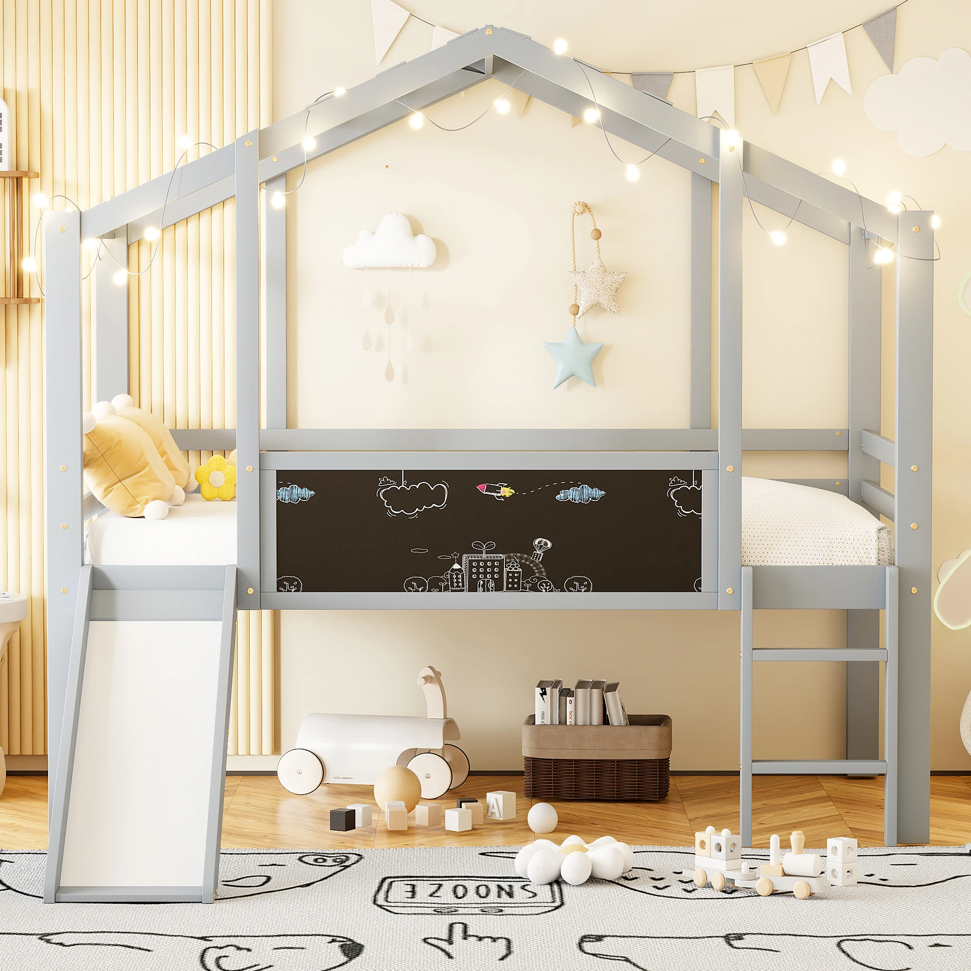 KOMHTOM Holzfarbenes Massivholzkinderhochbett mit Dachboden Design Sicherheitsleiter Sicherheitsrutsche und Graffiti Tafel – Detail 1