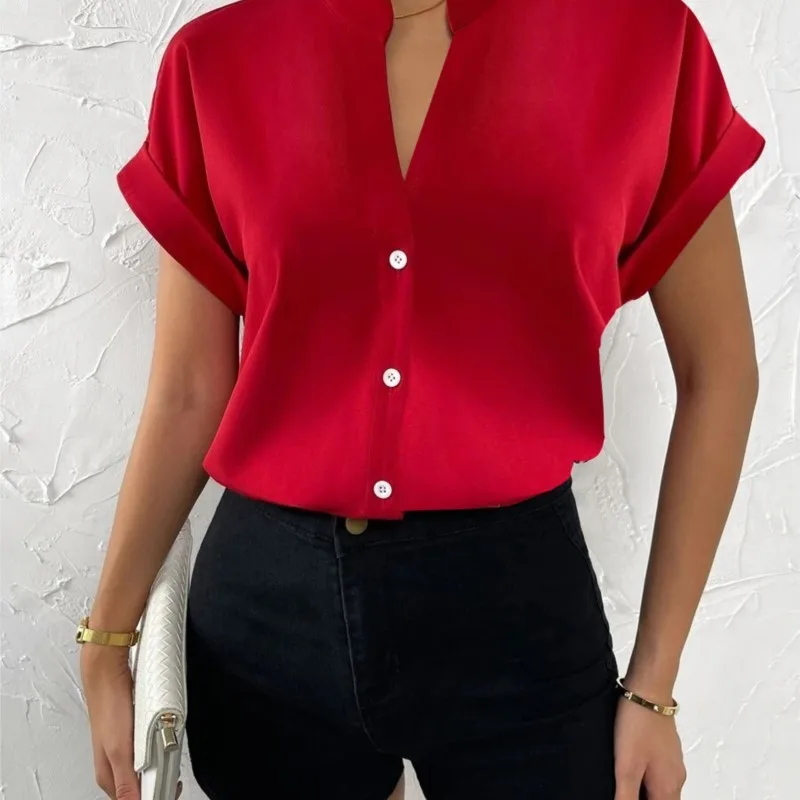 

Summer Simple V-neck Women's Shirt Top Solid Short Sleeve Casual Loose Blouses Femme Blusas Elegantes Femeninas Camisa Damen