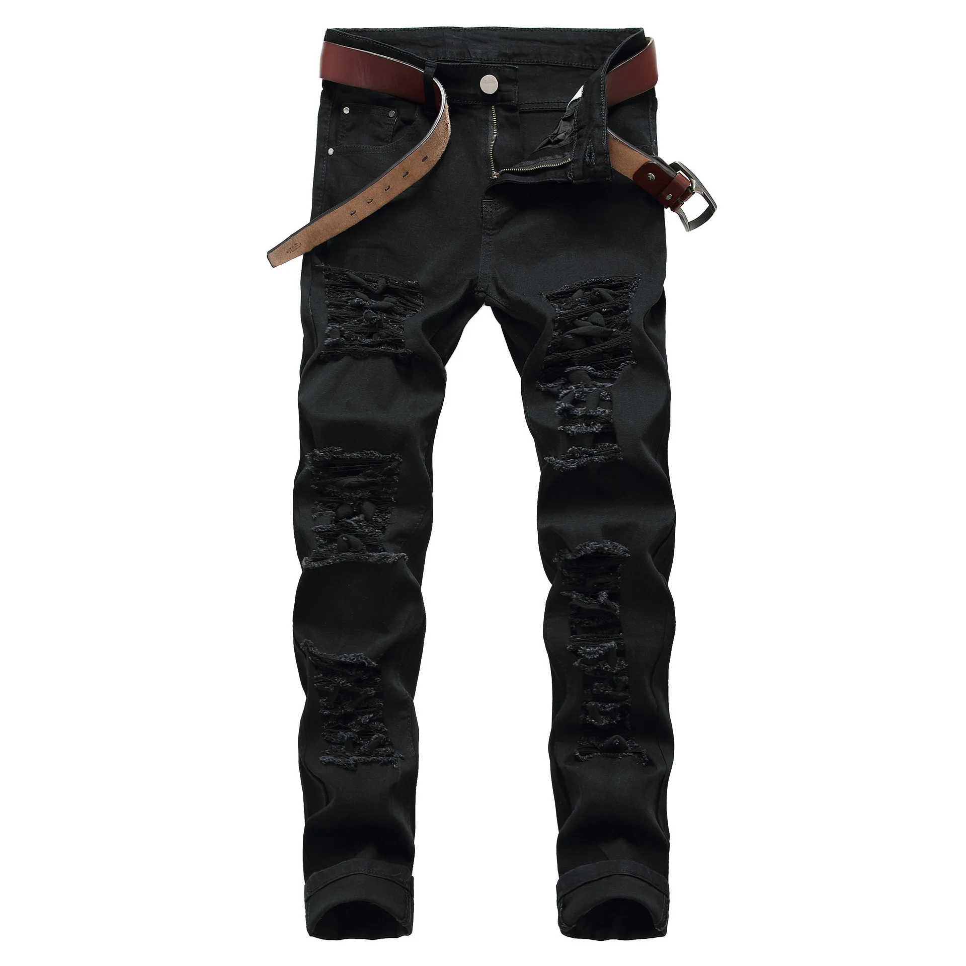 Men Jeans Distressed Snow Wash Paint Dot Design Pencil Pants Mens Streetwear Fashion Slim Jean Knee Holes Hip-hop Denim Trousers