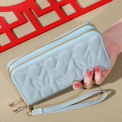 Elegant Faux Leather Women's Wallet: Solid Color Clutch with Double Zippers and Wristband (Blue)