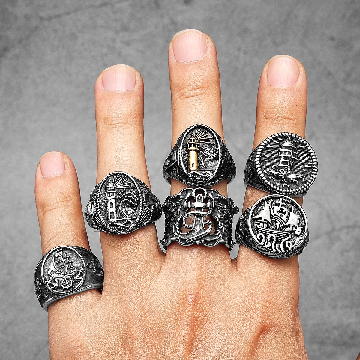 Anchor Lighthouse Ocean Sailor Ring - Stainless Steel Vintage Punk Fashion Jewelry Gift