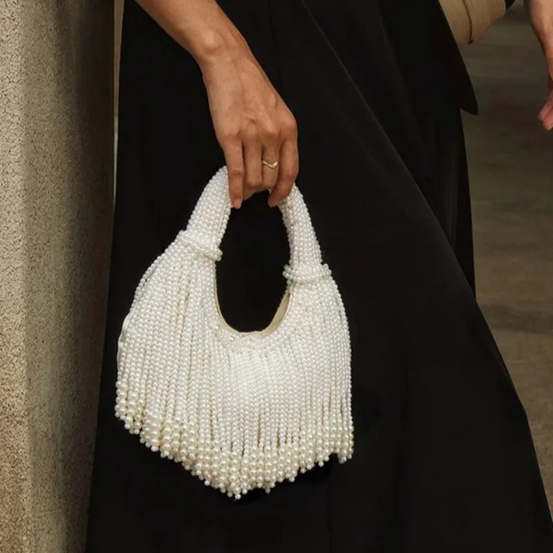 Borsa da sera con manico in perle, pochette di lusso firmata con nappa lunga, borsa a mano da donna fatta a mano dal design alla moda - immagine 3