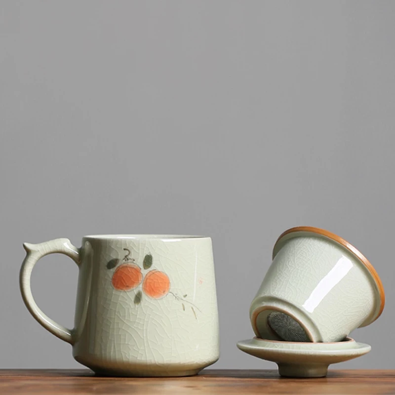 Chinese Style Persimmon Pattern Mug, Home Personal Office Cute Teacup With Cover, Creative Separated Tea Cup for Tea, 375ml, 1Pc