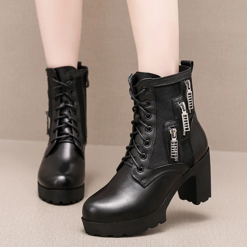 

6 8 10cm Small Size 32-43 British Block High Heels Boots Genuine Leather Shoes 2023 Winter Thick Platform Ankle Boots Office Mom