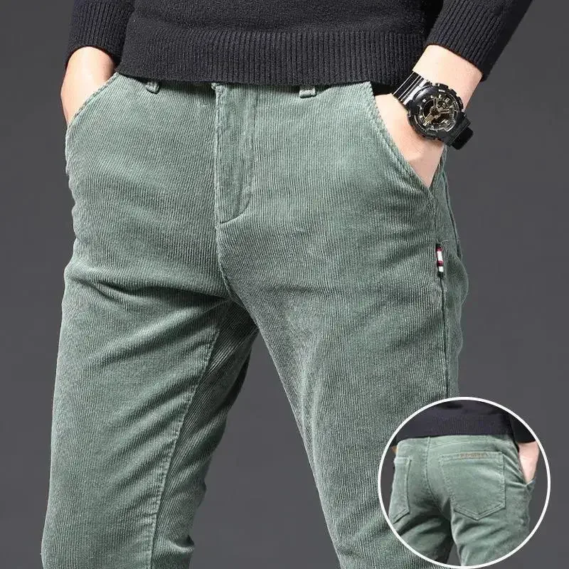 Fashion Fleece Keep Heat Warmth Men's Straight Leg Corduroy Pants Thicken Plus Velvet Casual Trousers Autumn Winter Solid Pants 4