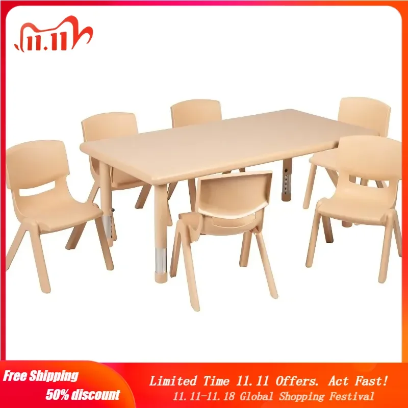 Adjustable Classroom Activity Table with 6 Stackable Chairs, Rectangular Plastic Activity Table for Kids, 24" W x 48" L, Natural