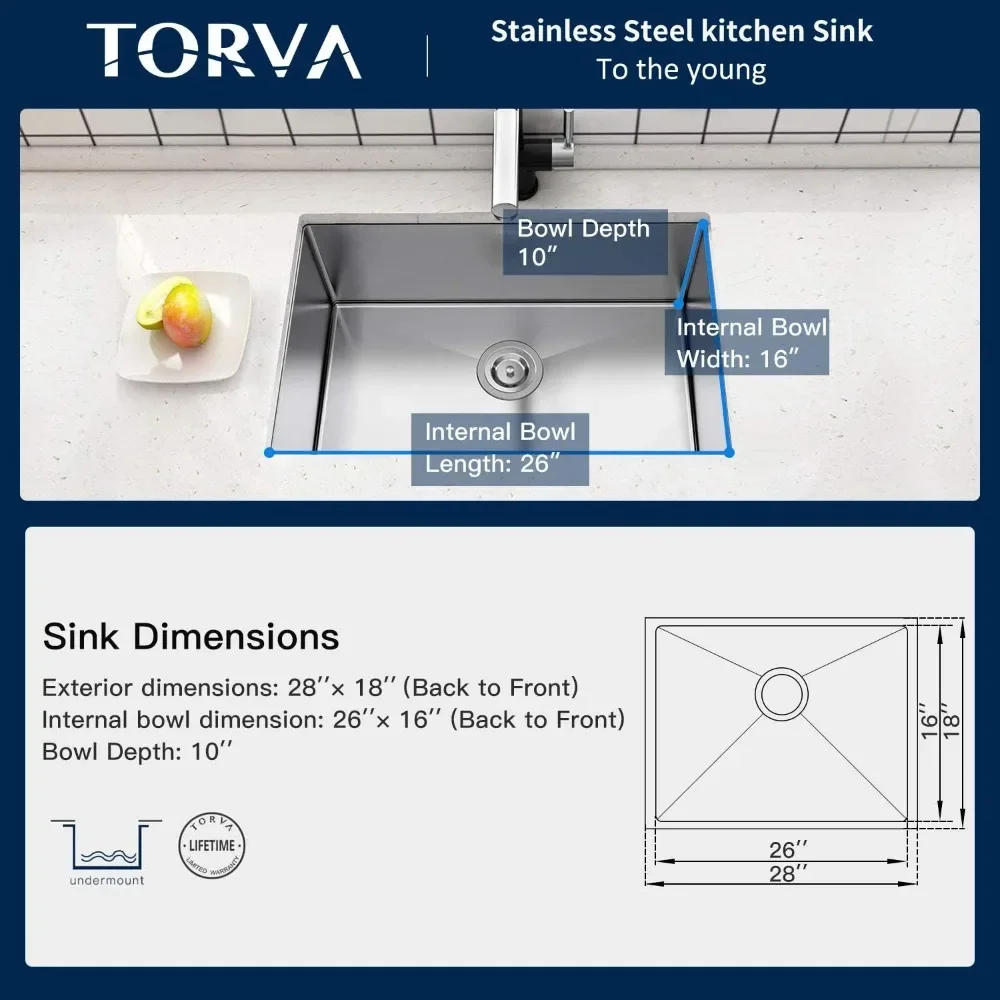 NEW-28-Inch Undermount Kitchen Sink, Premium 304 Stainless Steel Bar Sink - 10 Inches Deep Basin Single Bowl Sink