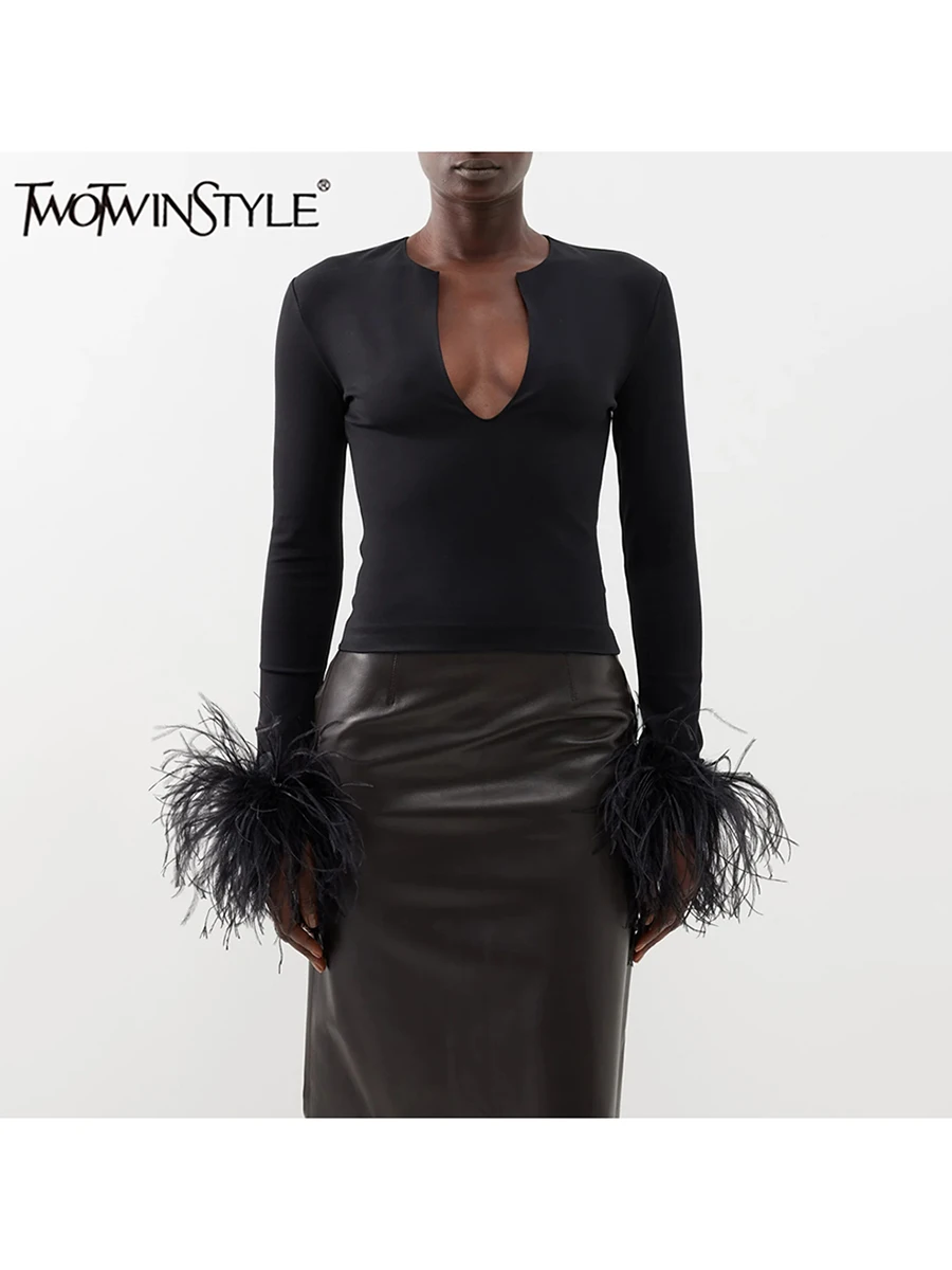 TWOTWINSTYLE Solid Spliced Feather Knitting Sweaters For Women V Neck Long Sleeve Temperament Pullover Sweater Female Fashion