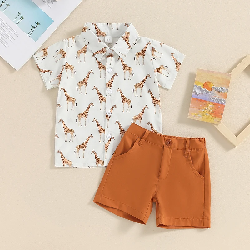 

2024-02-22 Lioraitiin Toddler Baby Boy Gentleman Outfit Giraffe Print Short Sleeves Button Shirt and Shorts Set for Formal Wear