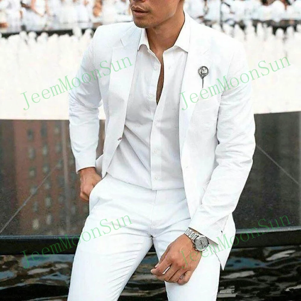 Moda lato białe lniane smokingi dla pana młodego proste klapy mężczyźni garnitur 2022 Slim Fit 2 sztuka mężczyźni Blazers kostium Homme kurtka + spodnie