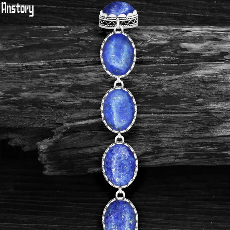 Metal Bracelet Natural Oval Lapis Lazuli Vintage Antique Silver Plated Flower Pendant Fashion Jewelry Party Gift TB276