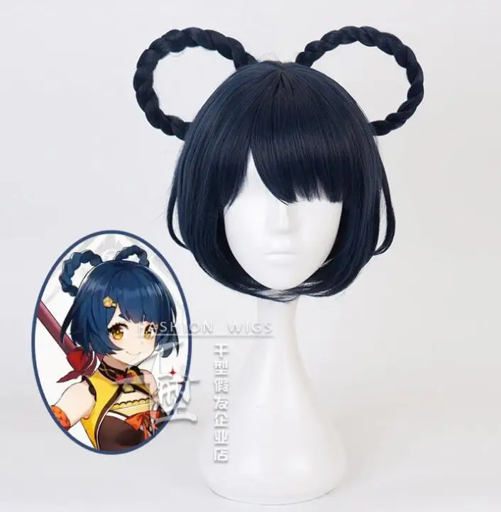 

Game Genshin Impact Xiangling Women Dark Blue Short Wig Braid Cosplay Costume Heat Resistant Synthetic Hair Xiang Ling Wigs