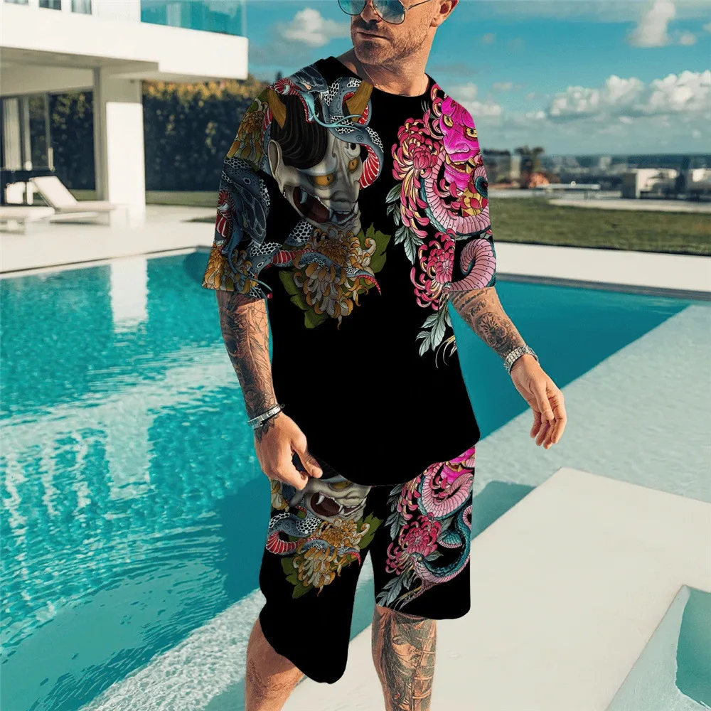 Summer Fashion Streetwear Tracksuits Plus Size Men\'s Vacation T-Shirt Set Luxury Printed Short-Sleeve Suit Designer Clothing