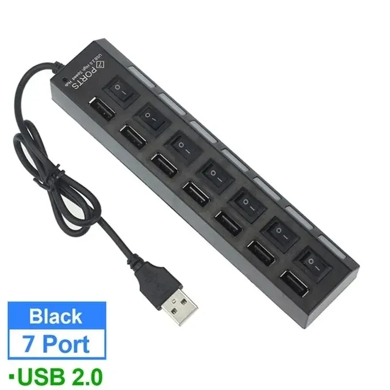 USB 허브 USB 스위치 허브 2.0 어댑터, 고속 멀티 7 포트, USB 온 오프, 컴퓨터 노트북용 휴대용 분배기