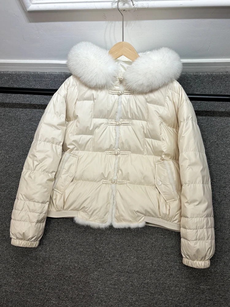 Lagabogy 2025 Winter Women White Duck Down Jacket Real Fox Mink Fur Collar Female Short Warm Puffer Coat Vintage Hooded Parkas