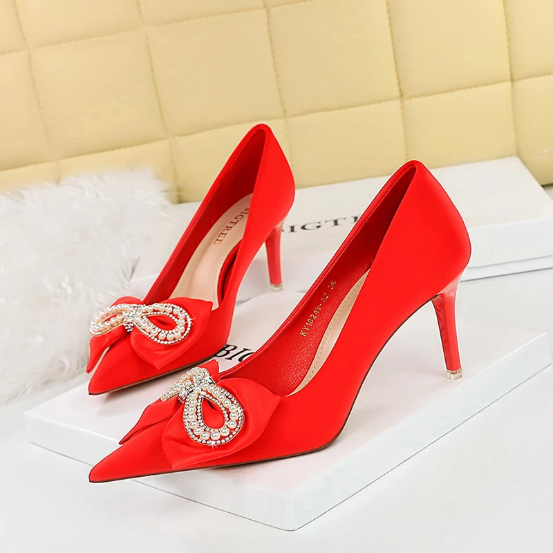 High Heels Shoes For Women Rhinestone Pearl Bow Italian Design Pointed Toe Women's Pumps Stiletto Party Shoes Genuine Leather