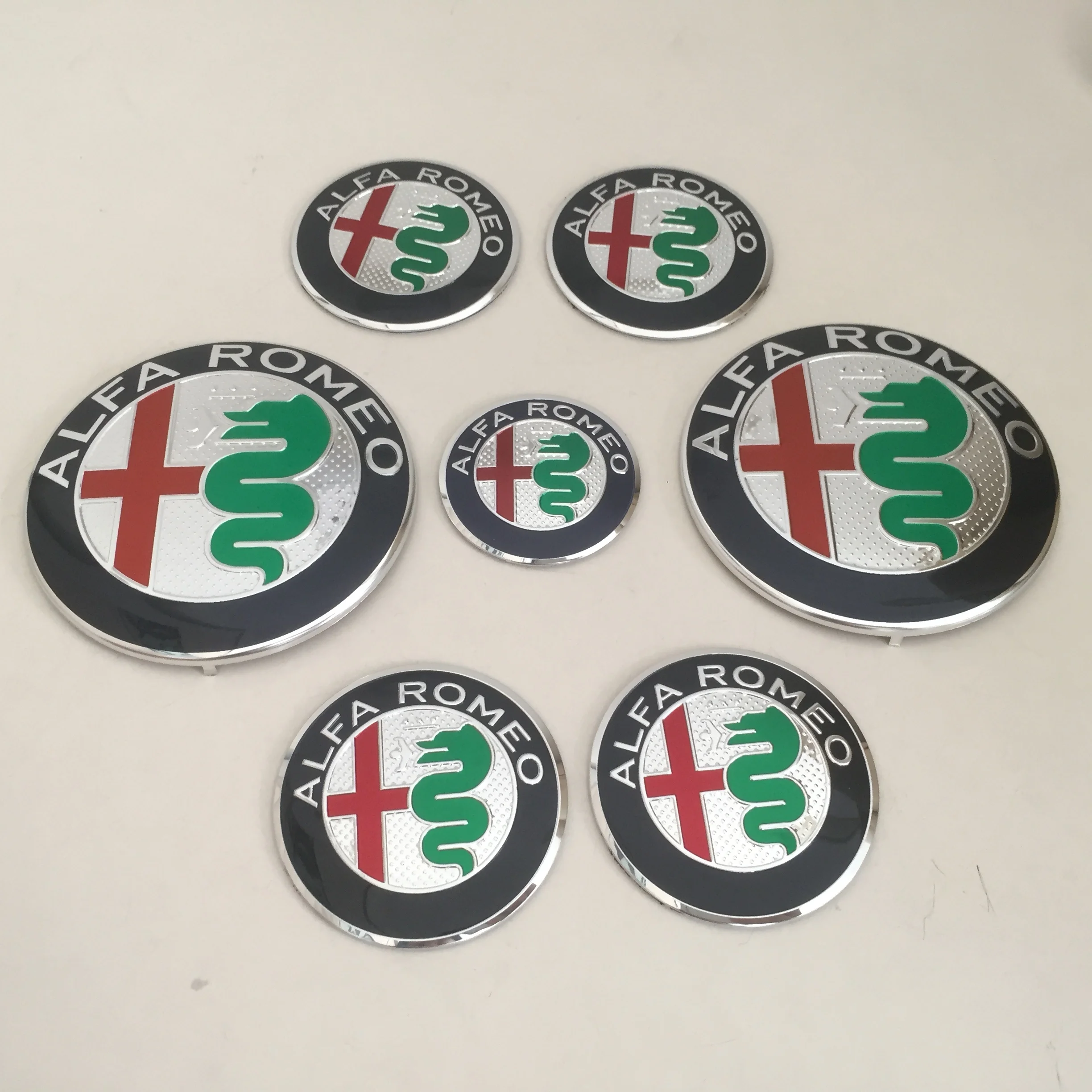 1-7pcs forAlfa Romeo Car emblem Wheel Cover caps front Hood badge rear Trunk Steering sticker Styling 2x74mm , 4x50mm,1x40mm