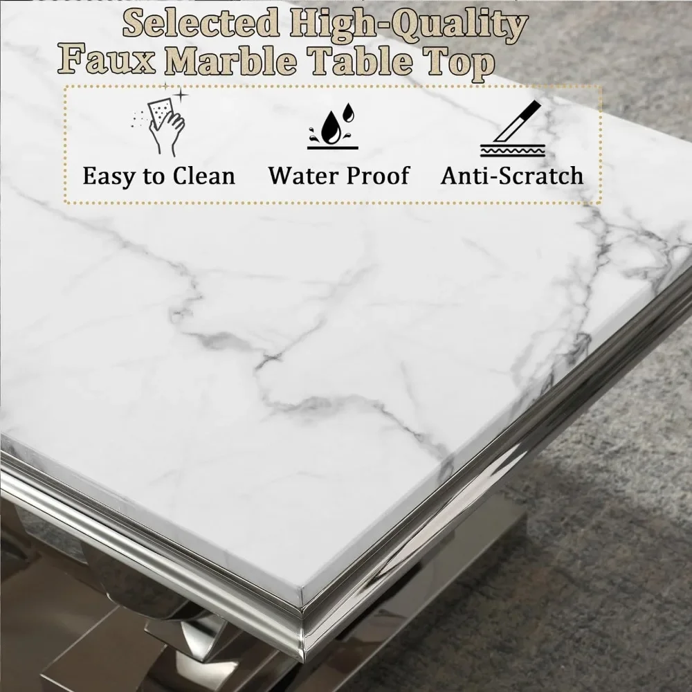 47" Rectangular Coffee Table side table c shaped end table for couch bed tv tray for eating on couch small end tables small spaces easy assembly Modern White Faux Marble Cocktail Table, with Silver Mirrored Finish U-Shape Stainless Steel Base