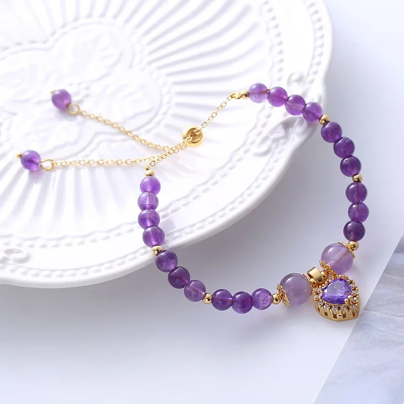 

Adjustable Natural Amethyst Bracelets Women's Love Fish Tail Pendant Beaded Knitted Bangles Friend Birthday Party Jewelry Gifts