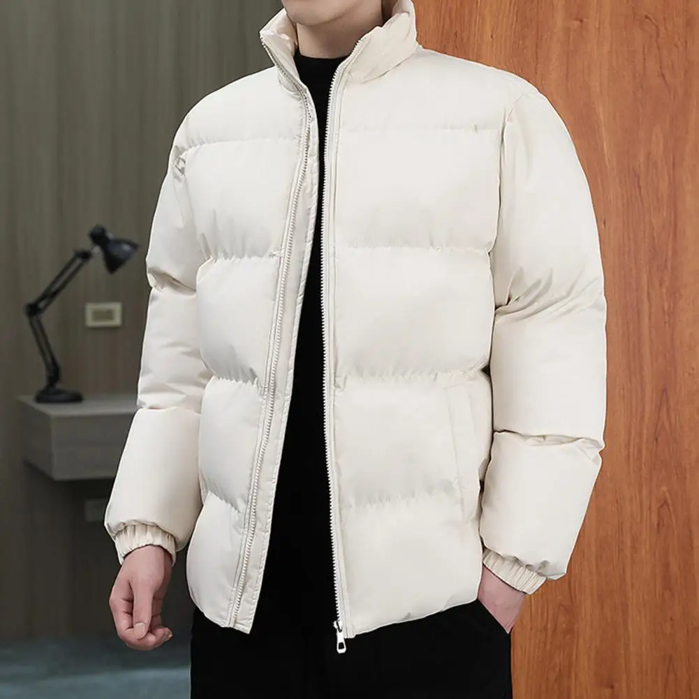 

Winter Men Parkas Solid Color Stand Collar Long Sleeve Men Coat Thickened Pockets Zipper Placket Cotton Jacket Streetwear