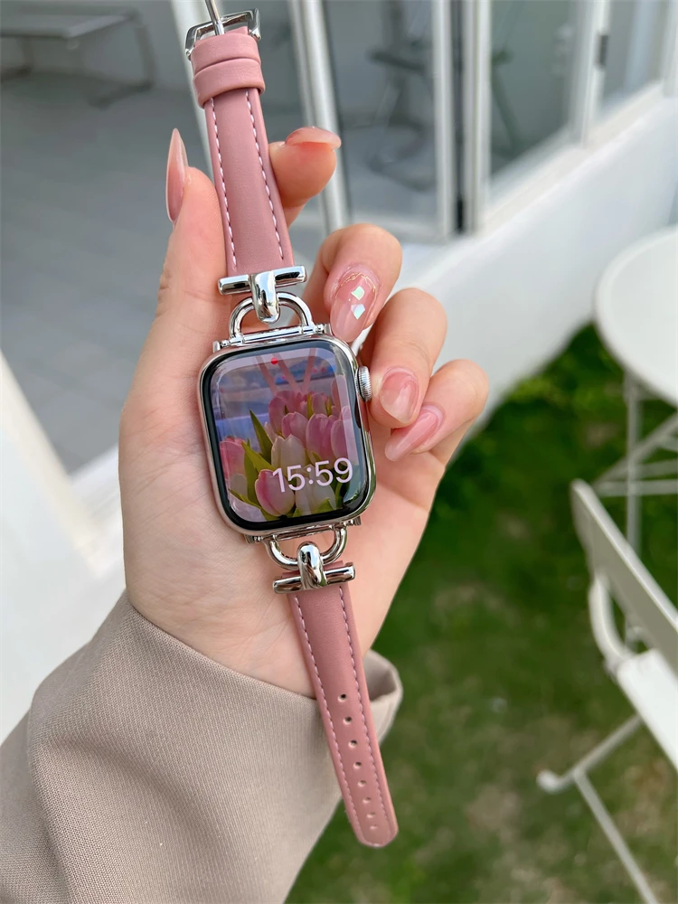 

Ремешок кожаный женский тонкий для Apple Watch Band 41 мм 45 мм 40 мм 44 мм 38 мм 42 мм Series 7 SE 6 5 4 3 2 1