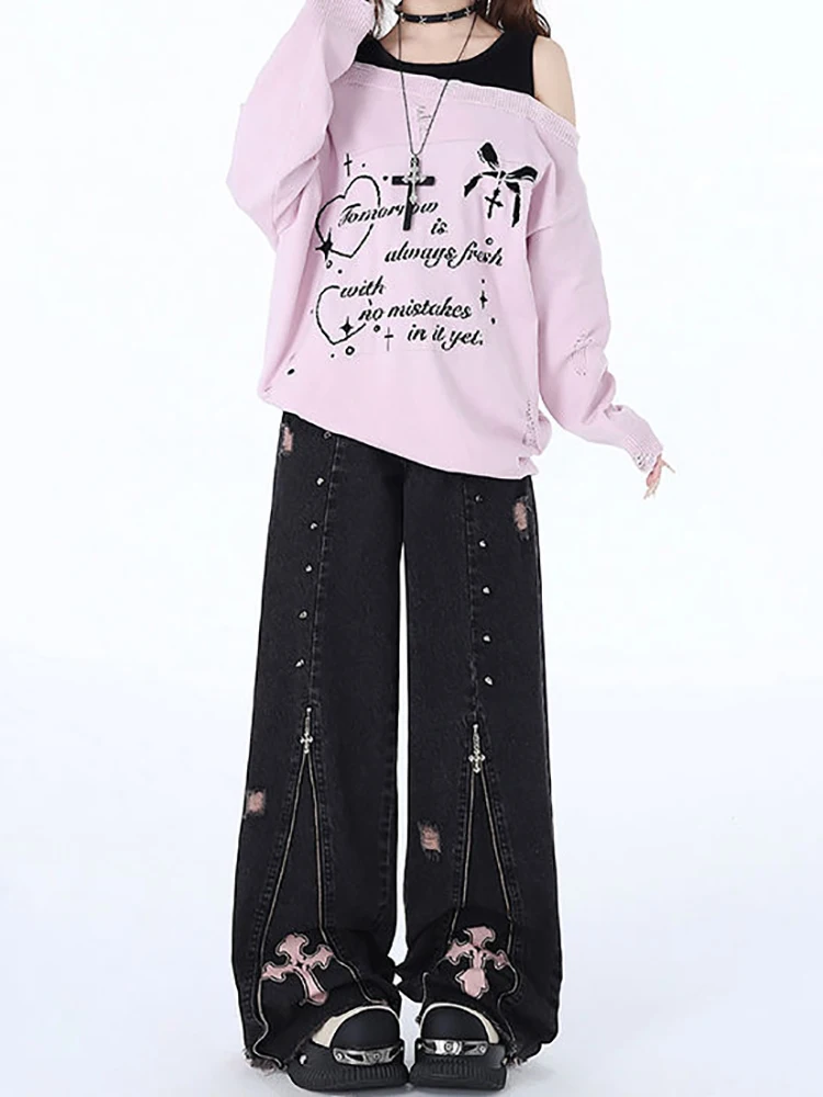 HOUZHOU Gothic Black Baggy Jeans Women Trashy Y2k 2000s Streetwear Punk Rivet Zipper Emo Jeans Vintage Harajuku Denim Trousers