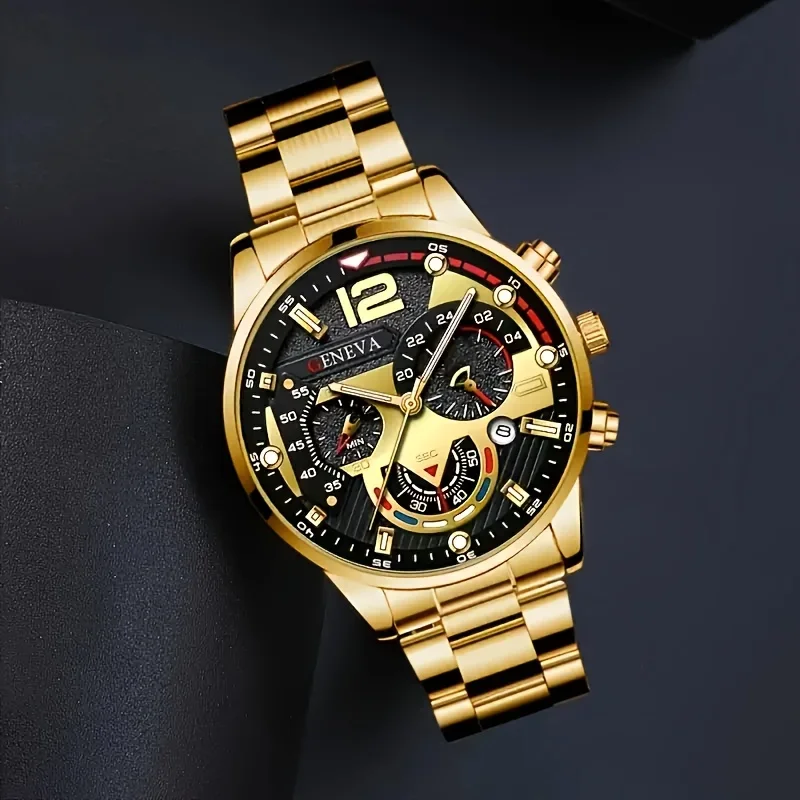 2pcs fashionable quartz watch sets, business style with date display, analog dial, zinc alloy case, stainless steel strap,
