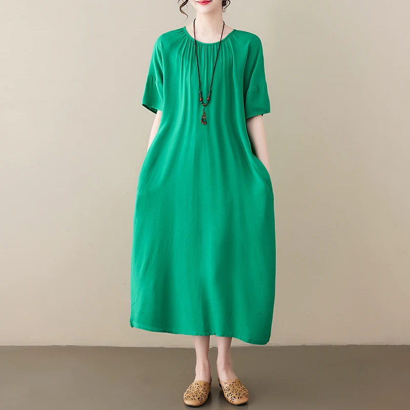 

2023 New Arrival O-neck Short Sleeve Pleated Chic Loose Summer Green Dress Office Lady Work Dress Fashion Women Casual Dress