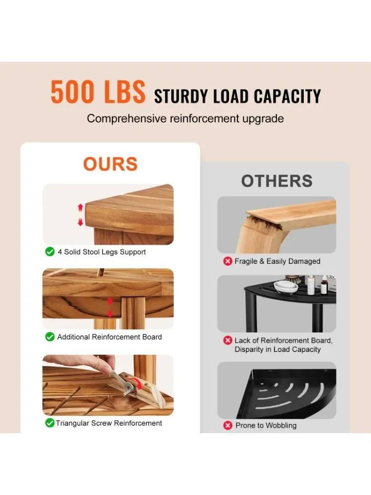 Corner Teak Shower Bench, 18.5 Height, 15.5 Radius, 500 lbs., with Storage Shelf, for Indoor and Outdoor Showers Shower stool 3