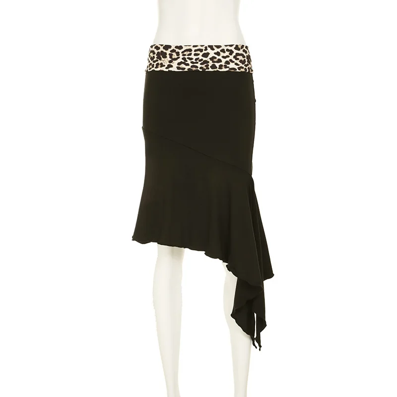 Leopard Sexy 2 Piece-Set Skirt Female Contrast Lace-Up Cropped Pullover And High Waist Skirt Sets Bandage Women's Outfits